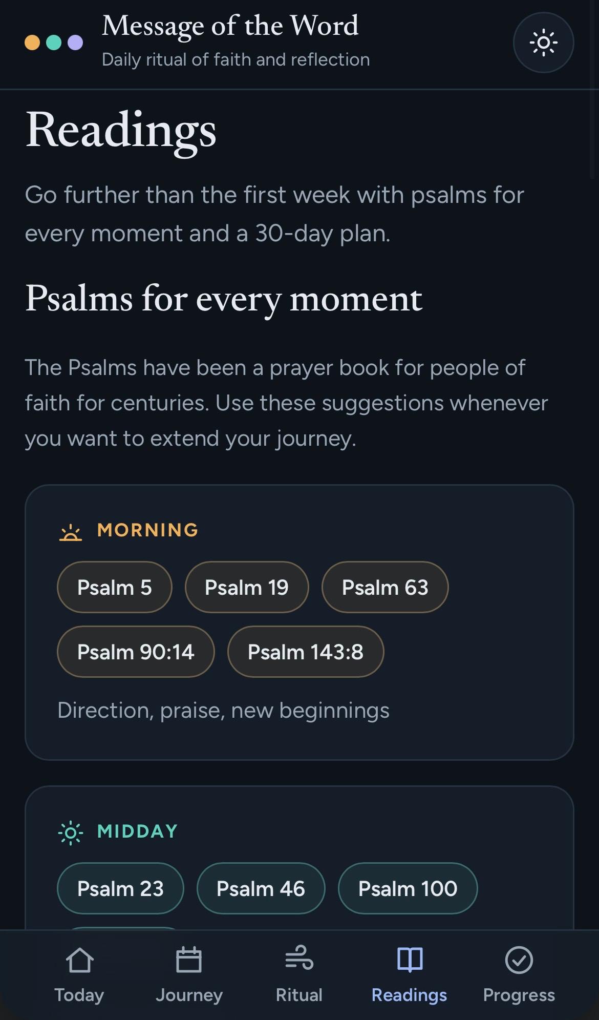 Message of the Word app — Readings screen with Psalms for every moment